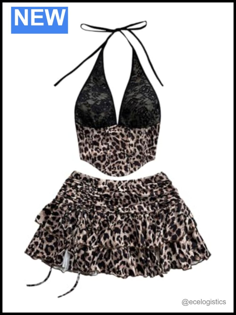 2 Piece Leopard Halter Top & Mini Skirt Set